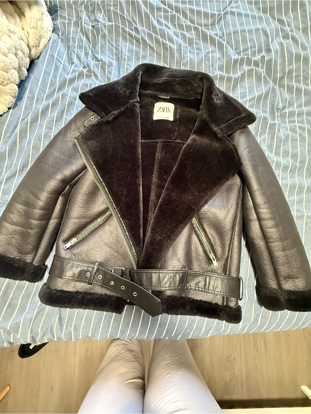 Zara Black Faux Shearling Leather Biker Jacket